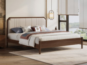 忆宋风华 宋式美学 如意床 高品级北美进口白蜡木 细腻顺滑仿真皮 高屏床头优雅大气 稳固结实实木腿 胡桃色 1.5*2.0米卧室双人床（搭配松木床板条）