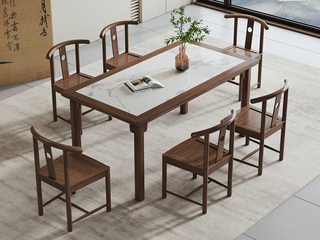  宋式美学 高品级北美进口白蜡木 结实稳固 细腻柔滑岩板 纹理自然宽大桌面随心置物 胡桃色 1.4米 餐桌