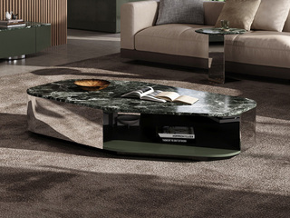  极简风格 普拉达绿大理石 纹理均匀美观 时尚设计异形切角 坚固耐用镜面不锈钢 开放式便捷储物 1.5米 茶几（不含角几）