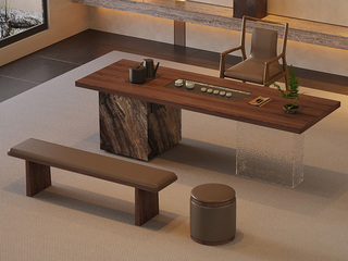  意式极简 悠然茶桌 胡桃色加厚实木台面 威尼斯棕岩板包裹储物柜 亚克力脚架 全自动智能抽水茶艺炉 2.4米实木茶台（超大件商品，请确认能否进入电梯或楼道）