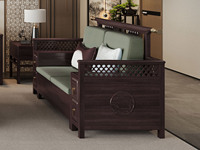 檀影轩 新中式 进口乌金木 纹理自然温润 亲肤透气棉麻布 镂空雕刻纹样扶手 围边防掉落 黑檀色 双人位沙发（抱枕花色随机）