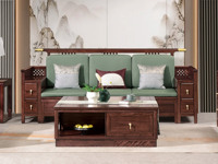 檀影轩 新中式 进口乌金木 纹理自然温润 亲肤透气棉麻布 镂空雕刻纹样扶手 围边防掉落 黑檀色 三人位沙发（抱枕花色随机）