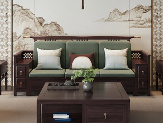  新中式 进口乌金木 纹理自然温润 亲肤透气棉麻布 镂空雕刻纹样扶手 围边防掉落 黑檀色 三人位沙发（抱枕花色随机）