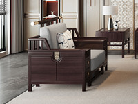 檀影轩 新中式 进口乌金木 纹理自然温润 亲肤透气棉麻布 “浮雕+嵌铜”装饰纹理 立体层次 五金铜套点缀 黑檀色 单人位沙发（抱枕花色随机）