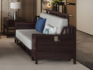  新中式 进口乌金木 纹理自然温润 亲肤透气棉麻布 “浮雕+嵌铜”装饰纹理 立体层次 五金铜套点缀 黑檀色 双人位沙发（抱枕花色随机）