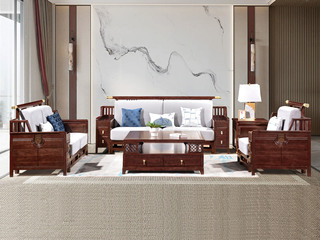  新中式 进口乌金木 纹理自然温润 亲肤透气棉麻布 “浮雕+嵌铜”装饰纹理 立体层次 五金铜套点缀 黑檀色 组合沙发 单人位+单人位+三人位（效果图为1+2+3 此配置为1+1+3）（抱枕花色随机）