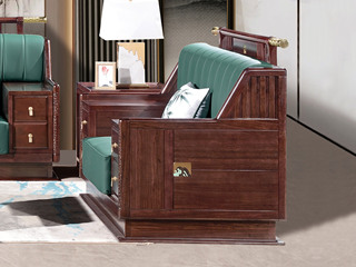  新中式 进口乌金木 纹理自然温润 舒适耐磨仿真皮 艺术几何回旋纹样 高弹饱满海绵 黑檀色 单人位沙发（抱枕花色随机）