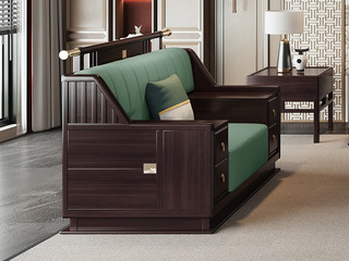  新中式 进口乌金木 纹理自然温润 舒适耐磨仿真皮 艺术几何回旋纹样 高弹饱满海绵 黑檀色 单人位沙发（抱枕花色随机）