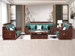  新中式 进口乌金木 纹理自然温润 舒适耐磨仿真皮 艺术几何回旋纹样 高弹饱满海绵 黑檀色 组合沙发 单人位+单人位+三人位（效果图为1+2+3 此配置为1+1+3）（抱枕花色随机）