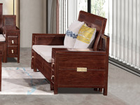 檀影轩 新中式 进口乌金木 纹理自然温润 舒适柔软棉麻布 精致鱼鳞纹设计 层次立体金属浮雕纹理 黑檀色 双人位沙发（抱枕花色随机）