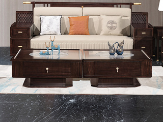  新中式 进口乌金木 纹理自然温润 细腻柔滑岩板 立体竖线纹理装饰板 精致金色拉手造型 黑檀色 2.0米 茶几（茶几组合）