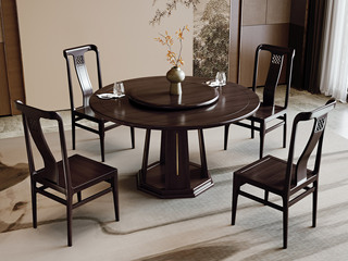  新中式 进口乌金木 纹理自然温润 八角腿稳固结实 立体竖纹设计 黑檀色 1.5米 餐桌（搭配90公分转盘）