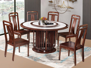  新中式 进口乌金木 纹理自然温润 细腻柔滑岩板 独特镂空竖线桌腿 五金装饰点缀 黑檀色 1.35米 餐桌（搭配80公分转盘）