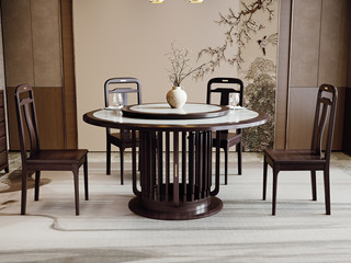  新中式 进口乌金木 纹理自然温润 细腻柔滑岩板 独特镂空竖线桌腿 五金装饰点缀 黑檀色 1.6米 餐桌（搭配90公分转盘）