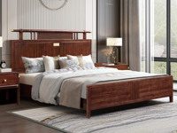 檀影轩 新中式 进口乌金木 纹理自然温润 宽阔床屏舒适大气 传统雅致雕花工艺 精致五金装饰点缀 1.5*2.0米 实木床（搭配松木床板条）