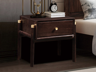  新中式 进口乌金木 纹理自然温润 悬浮感单抽设计 精致圆环五金拉手点缀 床头柜