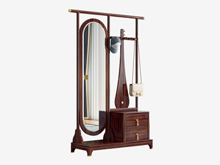  新中式 进口乌金木 纹理自然温润 雅致琵琶造型 多元收纳空间 实木穿衣镜+衣帽架一体组合 1.2米 衣帽架