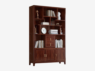  新中式 进口乌金木 纹理自然温润 开放式展示架+经典双抽 多元化大容量储物 三门书柜