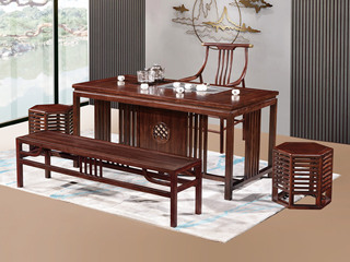  新中式 进口乌金木 纹理自然温润 传统鱼鳞纹镂空雕花工艺 竖线格栅装饰实木腿 1.6米 茶台