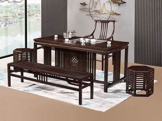  新中式 进口乌金木 纹理自然温润 传统鱼鳞纹镂空雕花工艺 竖线格栅装饰实木腿 2.0米 茶台