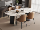 歌迪 极简风格 质地晶莹潘多拉大理石 防磕碰马肚造型台面 独特双C折角造型 灰钛拉丝不锈钢桌腿 1.4米 餐桌