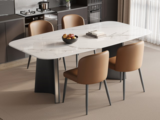  极简风格 质地晶莹中花白大理石 防磕碰马肚造型台面 独特双C折角造型 灰钛拉丝不锈钢桌腿 1.6米 餐桌