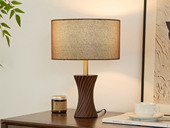 【包邮】格美灯饰 宋式美学风格 橡胶木（实木）+浮雕工艺+铁艺电镀+麻艺布罩 客厅卧室中古系列 实木L2504-咖色-三色 胡桃木色+深咖色灯罩 台灯(含光源 E27)（内蒙古，新疆，西藏，青海，甘肃、宁夏等地区不包邮 运费请咨询客服)