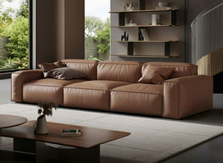  意式极简 方糖沙发 柔韧亲肤仿真皮 立体饱满豆腐块造型 加大坐深自在倚靠 赤棕色 2.9米 四人位 直排沙发