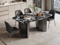 歌迪 意式极简 绚丽璀璨宝格丽黑大理石 防磕碰马肚造型台面 圆润弧边精细打磨 创意菱形折叠拉丝不锈钢支撑脚 用料扎实承重更稳 1.4米 餐桌