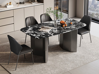  意式极简 复古典雅宝格丽黑大理石 防磕碰马肚造型台面 菱形折叠拉丝不锈钢支撑脚 1.4米 餐桌