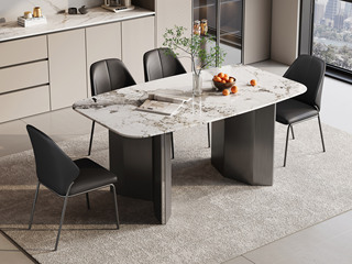  意式极简 淡雅细腻潘多拉大理石 防磕碰马肚造型台面 菱形折叠拉丝不锈钢支撑脚 1.4米 餐桌