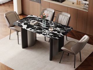  极简风格 质地晶莹宝格丽黑大理石 纹理细腻顺滑 太空灰拉丝不锈钢 设计感双拼桌腿 高强支撑力 1.4米 餐桌