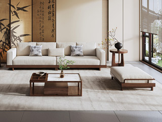  宋式美学 云雅沙发 高品级北美进口白蜡木 舒适透气棉麻布 坐深宽敞肆意躺卧 舒适靠背云感高弹座包 沙发组合 四人位+脚踏