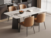 歌迪 极简风格 高贵优雅亮光香奈儿岩板 防磕碰直边圆弧转角台面 独特双C折角造型 流畅弧线张弛有度 灰钛拉丝不锈钢桌腿 硬核承重 1.4米 餐桌