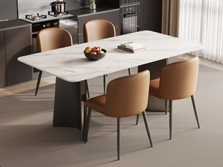  极简风格 淡雅精致亮光雪山白岩板 防磕碰直边圆角造型台面 独特双C折角造型 灰钛拉丝不锈钢桌腿 1.4米 餐桌