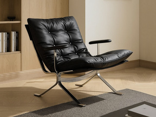  极简风格 欧姆休闲椅 高定头层黄牛皮 蓬松柔软羽绒 简约几何线条经典拉扣设计 时尚不锈钢拉丝五金架 扶手款 休闲椅