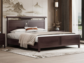  新中式 进口乌金木 纹理自然温润 鱼鳞纹雕刻五金装饰点缀 宽阔床屏舒适大气 1.8*2.0米 实木床（搭配松木床板条）