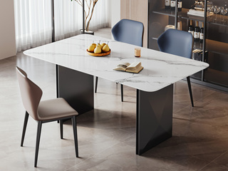  极简风格 色泽柔和中花白大理石 触感温润顺滑 钻石棱角灰钢拉丝不锈钢桌腿 底部无遮挡宽阔不拘束 1.4米 马肚型 餐桌
