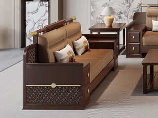  新中式实木沙发 甄选进口金丝檀+乌金木 设计感拼花纹理金线装饰 实木储物扶手 柔软舒适猫抓皮  红檀色 双人位沙发（抱枕花色随机）