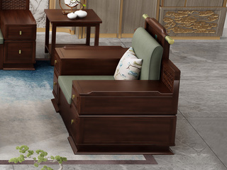  新中式实木沙发 甄选进口金丝檀+乌金木 典雅官帽设计 实木储物扶手 柔软舒适猫抓皮 红檀色 单人位沙发（抱枕花色随机）