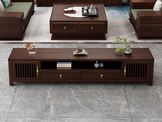  新中式 高品级金丝檀木+进口乌金木 多元化开放格储物+抽屉 格栅装饰柜门 红檀色 2.0米 电视柜