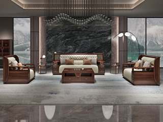  新中式 进口实木沙发 自然清晰实木纹理 细腻柔软仿真皮 饱满拉点舒适承托 优雅金色网格装饰面 沙发组合 单人位+双人位+三人位