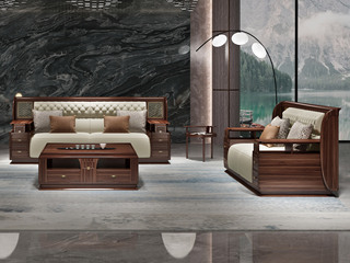  新中式 进口实木沙发 自然清晰实木纹理 细腻柔软仿真皮 饱满拉点舒适承托 优雅金色网格装饰面 沙发组合 双人位+三人位