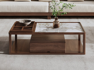  宋式美学 高品级北美进口白蜡木 晶莹柔润亮光潘多拉岩板 分区置物格有序收纳 双层开放大容量储物 1.4米 胡桃色 茶几