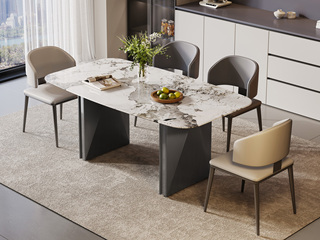 极简风格 细腻柔滑潘多拉大理石 自然肌理 双面菱边造型灰钛拉丝不锈钢脚 厚实稳固 桌底空间开阔不拘束 1.6米 马肚型 餐桌