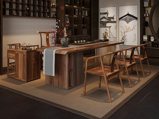  新中式行远茶桌 进口胡桃木大板台面 石头纹亚克力脚架 宋式 2.4米茶台（不含茶盘）+进口胡桃木茶车（天然实木家具、纹理自然随机）