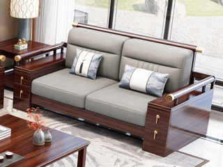  新中式 进口实木沙发 抗菌防污猫抓皮+高回弹海绵 高质感镀铜工艺 双人位沙发