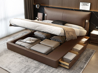  极简风格 巴甫洛夫真皮床 高定头层黄牛皮 高箱+抽屉组合 大容量储物设计 豪奢大面积真皮床头 质感双边U字型五金装饰 精致蜈蚣黑钛五金脚 摩卡色 1.8*2.0米齐边床（面向床抽屉在右）