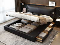 欧瑞仕 极简风格 巴甫洛夫真皮床 高定头层黄牛皮 高箱+抽屉组合 大容量储物设计 豪奢大面积真皮床头 质感双边U字型五金装饰 精致蜈蚣黑钛五金脚 黑色 1.5*2.0米齐边床（面向床抽屉在右）