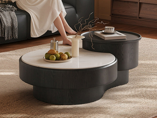  极简风格 曲屿功能茶几 柔滑细腻亮光白微晶石 升降储物小圆几 纹理清晰水曲柳木皮+实木抽屉 茶几